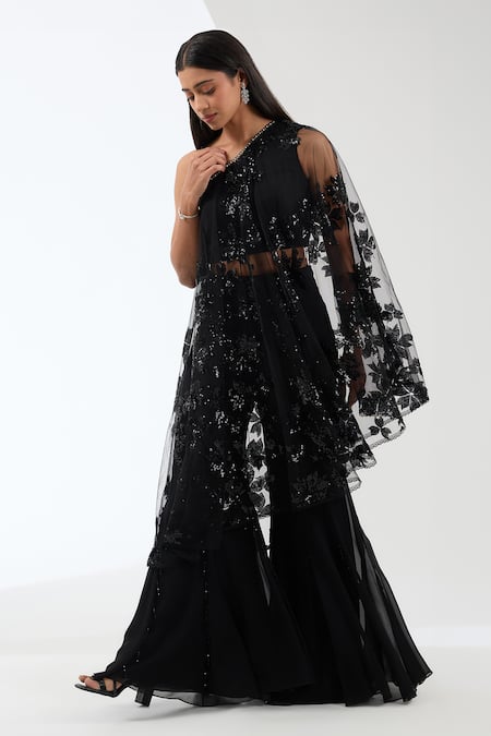 Anjali Kanwar_Black Polyester, Viscose Sequins, Floral Embroidered Tunic And Flared Pant Set _Online_at_Aza_Fashions