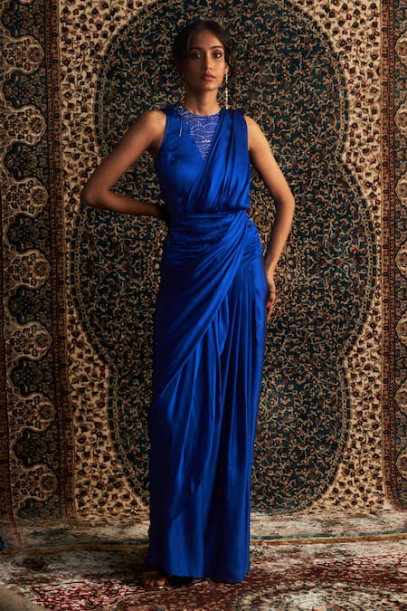 Charkhee Crystal Embroidered Blue Saree Gown 