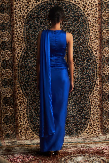 Charkhee Crystal Embroidered Blue Saree Gown 