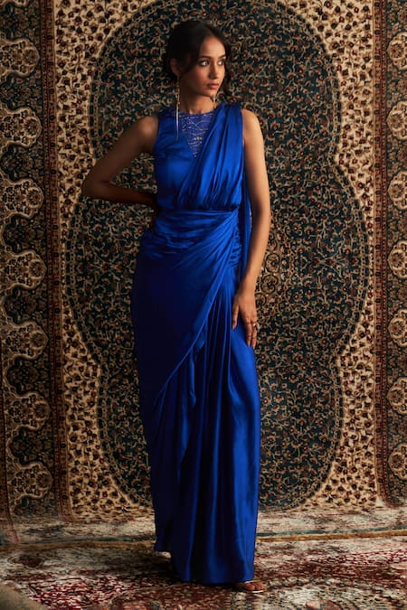 Charkhee Blue Silk Crystals Round Neck Embroidered Saree Gown Online at Aza Fashions Charkhee_Blue Silk Crystals Round Neck Embroidered Saree Gown _Online_at_Aza_Fashions