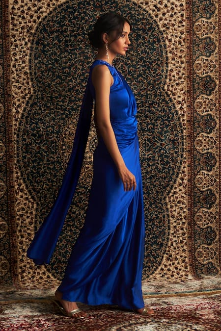 Buy Charkhee Blue Silk Crystals Round Neck Embroidered Saree Gown Online at Aza Fashions Buy_Charkhee_Blue Silk Crystals Round Neck Embroidered Saree Gown _Online_at_Aza_Fashions