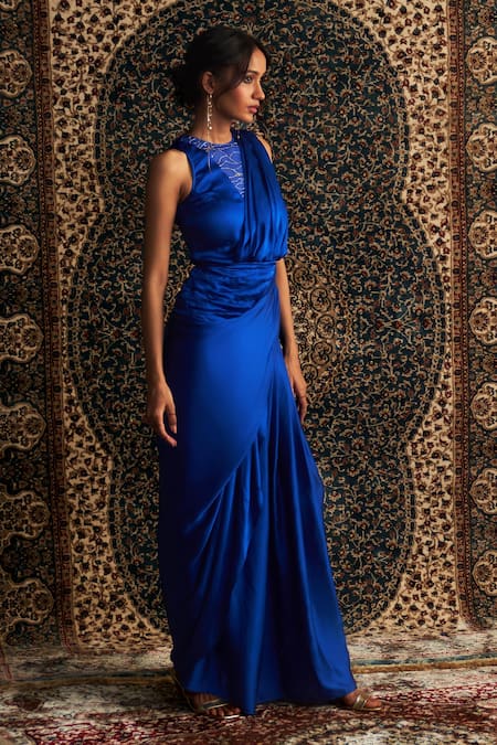 Shop Charkhee Blue Silk Crystals Round Neck Embroidered Saree Gown Online at Aza Fashions Shop_Charkhee_Blue Silk Crystals Round Neck Embroidered Saree Gown _Online_at_Aza_Fashions