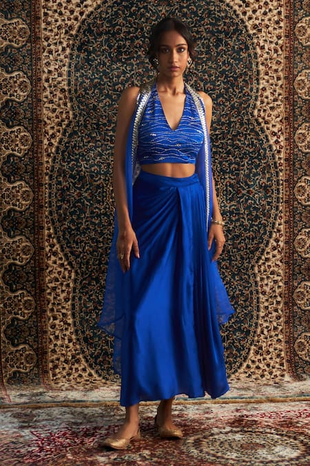 Charkhee Blue Overlay Organza Placement Embroidery Ornate Border And Draped Skirt Set 