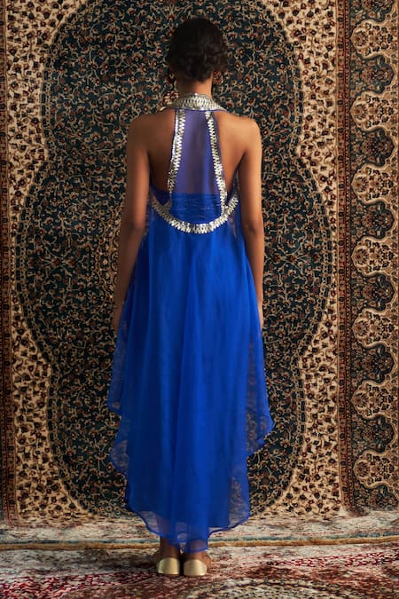 Shop Charkhee Blue Modal, Organza Embroidery, Beads Ornate Border Overlay And Draped Skirt Set at Aza Fashions Shop_Charkhee_Blue Modal, Organza Embroidery, Beads Ornate Border Overlay And Draped Skirt Set _at_Aza_Fashions