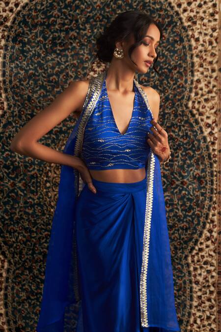 Charkhee Blue Modal, Organza Embroidery, Beads Ornate Border Overlay And Draped Skirt Set Online at Aza Fashions Charkhee_Blue Modal, Organza Embroidery, Beads Ornate Border Overlay And Draped Skirt Set _Online_at_Aza_Fashions