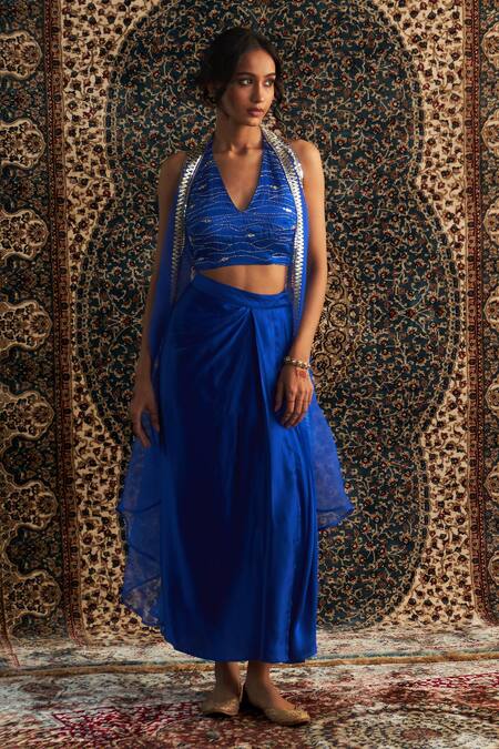 Buy Charkhee Blue Modal, Organza Embroidery, Beads Ornate Border Overlay And Draped Skirt Set Online at Aza Fashions Buy_Charkhee_Blue Modal, Organza Embroidery, Beads Ornate Border Overlay And Draped Skirt Set _Online_at_Aza_Fashions