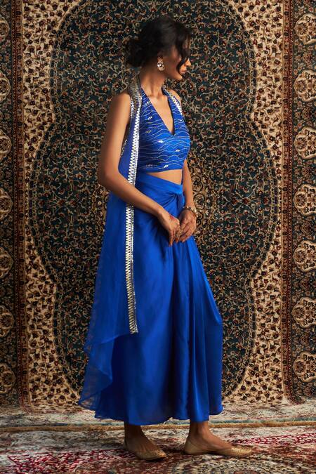 Shop Charkhee Blue Modal, Organza Embroidery, Beads Ornate Border Overlay And Draped Skirt Set Online at Aza Fashions Shop_Charkhee_Blue Modal, Organza Embroidery, Beads Ornate Border Overlay And Draped Skirt Set _Online_at_Aza_Fashions