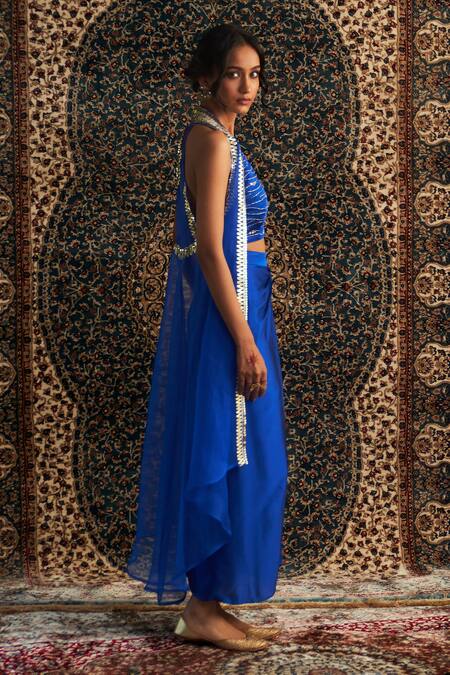 Charkhee Blue Modal, Organza Embroidery, Beads Ornate Border Overlay And Draped Skirt Set at Aza Fashions Charkhee_Blue Modal, Organza Embroidery, Beads Ornate Border Overlay And Draped Skirt Set _at_Aza_Fashions