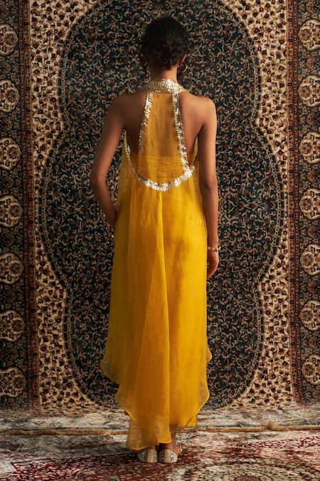 Shop Charkhee Yellow Modal, Satin, Organza Beads, Sequins Embroidered Overlay And Skirt Set at Aza Fashions Shop_Charkhee_Yellow Modal, Satin, Organza Beads, Sequins Embroidered Overlay And Skirt Set _at_Aza_Fashions
