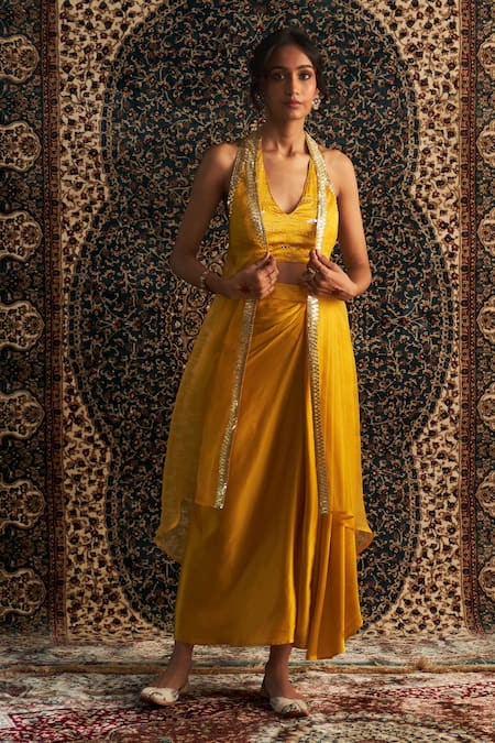 Charkhee Yellow Modal, Satin, Organza Beads, Sequins Embroidered Overlay And Skirt Set Online at Aza Fashions Charkhee_Yellow Modal, Satin, Organza Beads, Sequins Embroidered Overlay And Skirt Set _Online_at_Aza_Fashions