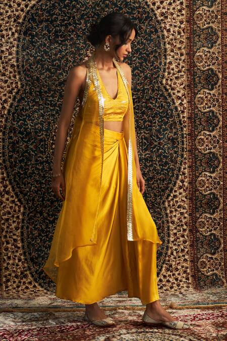 Shop Charkhee Yellow Modal, Satin, Organza Beads, Sequins Embroidered Overlay And Skirt Set Online at Aza Fashions Shop_Charkhee_Yellow Modal, Satin, Organza Beads, Sequins Embroidered Overlay And Skirt Set _Online_at_Aza_Fashions