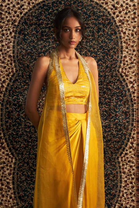 Charkhee Yellow Modal, Satin, Organza Beads, Sequins Embroidered Overlay And Skirt Set at Aza Fashions Charkhee_Yellow Modal, Satin, Organza Beads, Sequins Embroidered Overlay And Skirt Set _at_Aza_Fashions