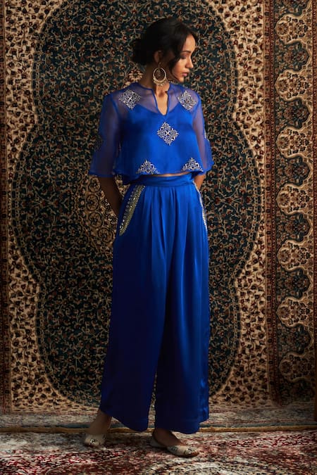 Charkhee_Blue Organza, Modal Mirrors, Sequins, Diamond Butti Embroidered Top And Pant Set _Online_at_Aza_Fashions