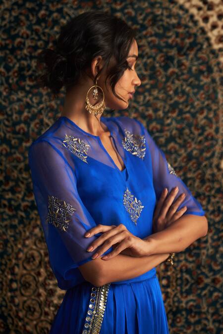 Shop_Charkhee_Blue Organza, Modal Mirrors, Sequins, Diamond Butti Embroidered Top And Pant Set _Online_at_Aza_Fashions