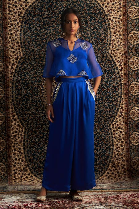 Charkhee_Blue Organza, Modal Mirrors, Sequins, Diamond Butti Embroidered Top And Pant Set _at_Aza_Fashions