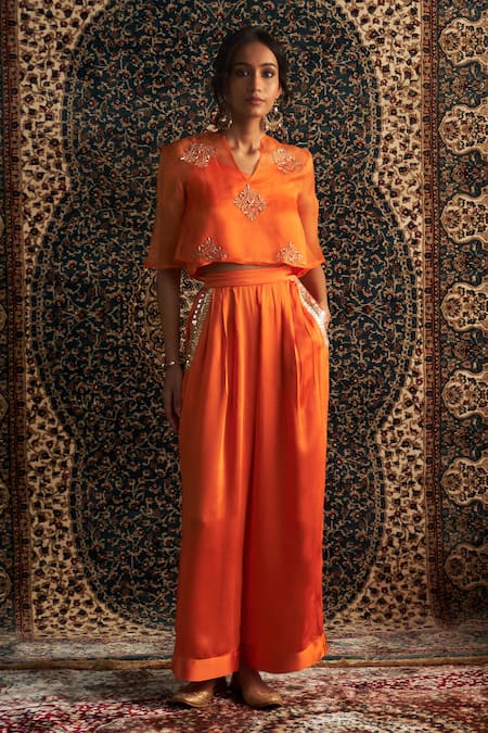 Charkhee_Orange Organza, Modal, Satin Embroidery, Sequins, Diamond Motif Top And Pant Set _Online_at_Aza_Fashions