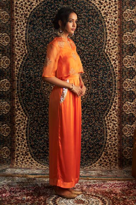 Buy_Charkhee_Orange Organza, Modal, Satin Embroidery, Sequins, Diamond Motif Top And Pant Set _Online_at_Aza_Fashions