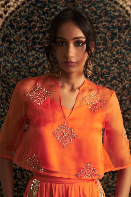 Shop_Charkhee_Orange Organza, Modal, Satin Embroidery, Sequins, Diamond Motif Top And Pant Set _Online_at_Aza_Fashions
