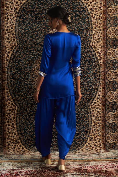 Shop Charkhee Blue Satin Sequins, Mirrors, Placement Embroidered Wrap Around Kurta With Pant at Aza Fashions Shop_Charkhee_Blue Satin Sequins, Mirrors, Placement Embroidered Wrap Around Kurta With Pant _at_Aza_Fashions