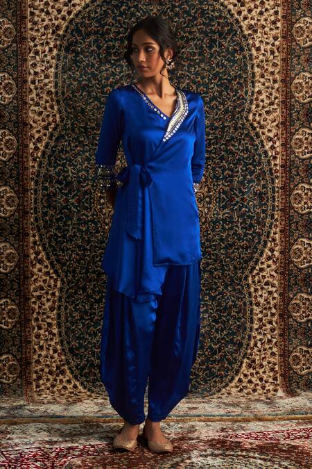 Charkhee Blue Satin Sequins, Mirrors, Placement Embroidered Wrap Around Kurta With Pant Online at Aza Fashions Charkhee_Blue Satin Sequins, Mirrors, Placement Embroidered Wrap Around Kurta With Pant _Online_at_Aza_Fashions