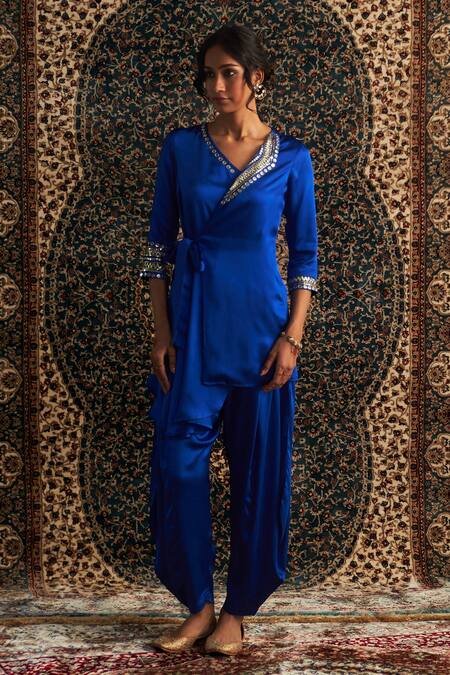 Buy Charkhee Blue Satin Sequins, Mirrors, Placement Embroidered Wrap Around Kurta With Pant Online at Aza Fashions Buy_Charkhee_Blue Satin Sequins, Mirrors, Placement Embroidered Wrap Around Kurta With Pant _Online_at_Aza_Fashions