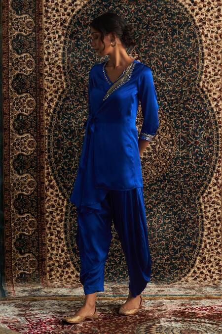 Shop Charkhee Blue Satin Sequins, Mirrors, Placement Embroidered Wrap Around Kurta With Pant Online at Aza Fashions Shop_Charkhee_Blue Satin Sequins, Mirrors, Placement Embroidered Wrap Around Kurta With Pant _Online_at_Aza_Fashions