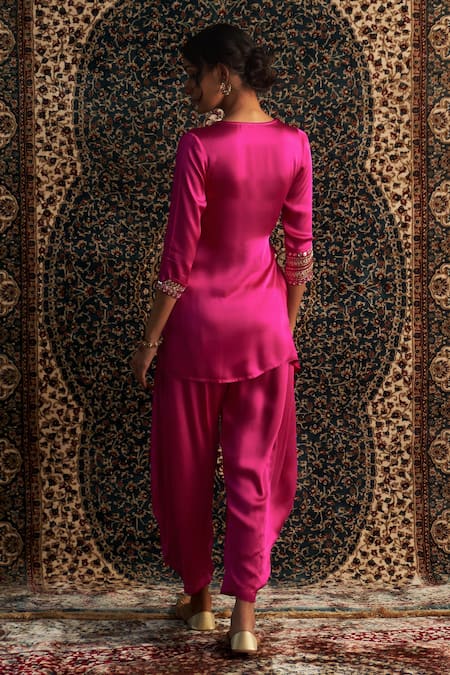 Shop Charkhee Pink Satin Sequins, Mirrors, Gota Placement Embroidered Wrapped Kurta With Pant at Aza Fashions Shop_Charkhee_Pink Satin Sequins, Mirrors, Gota Placement Embroidered Wrapped Kurta With Pant _at_Aza_Fashions