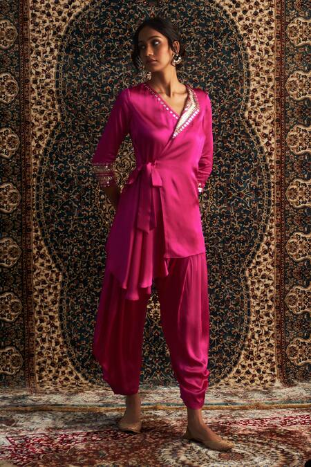Charkhee Pink Satin Sequins, Mirrors, Gota Placement Embroidered Wrapped Kurta With Pant Online at Aza Fashions Charkhee_Pink Satin Sequins, Mirrors, Gota Placement Embroidered Wrapped Kurta With Pant _Online_at_Aza_Fashions