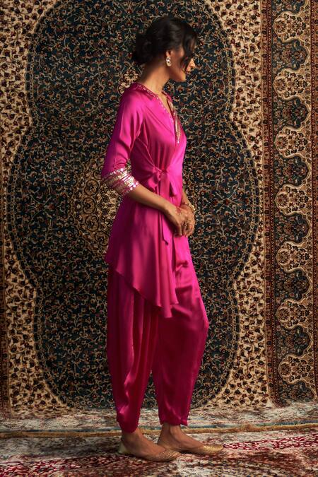 Buy Charkhee Pink Satin Sequins, Mirrors, Gota Placement Embroidered Wrapped Kurta With Pant Online at Aza Fashions Buy_Charkhee_Pink Satin Sequins, Mirrors, Gota Placement Embroidered Wrapped Kurta With Pant _Online_at_Aza_Fashions