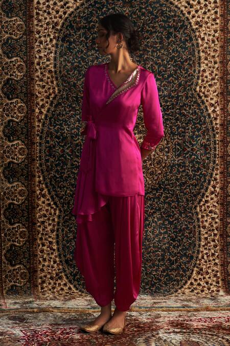 Shop Charkhee Pink Satin Sequins, Mirrors, Gota Placement Embroidered Wrapped Kurta With Pant Online at Aza Fashions Shop_Charkhee_Pink Satin Sequins, Mirrors, Gota Placement Embroidered Wrapped Kurta With Pant _Online_at_Aza_Fashions