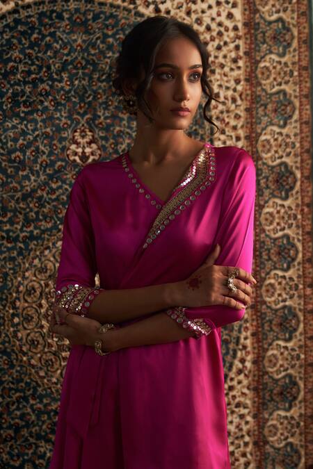 Charkhee Pink Satin Sequins, Mirrors, Gota Placement Embroidered Wrapped Kurta With Pant at Aza Fashions Charkhee_Pink Satin Sequins, Mirrors, Gota Placement Embroidered Wrapped Kurta With Pant _at_Aza_Fashions