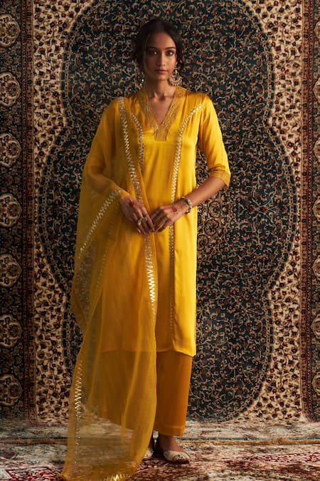 Charkhee Yellow Kurta And Pant Modal Satin Embroidery Sequin V Neck Gota Panel Set 