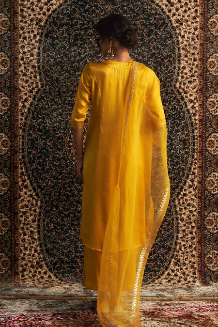Shop Charkhee Yellow Modal, Organza, Satin Gota Patti, Panel Embroidered Kurta Pant Set at Aza Fashions Shop_Charkhee_Yellow Modal, Organza, Satin Gota Patti, Panel Embroidered Kurta Pant Set _at_Aza_Fashions