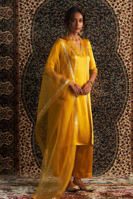 Charkhee Yellow Modal, Organza, Satin Gota Patti, Panel Embroidered Kurta Pant Set Online at Aza Fashions Charkhee_Yellow Modal, Organza, Satin Gota Patti, Panel Embroidered Kurta Pant Set _Online_at_Aza_Fashions