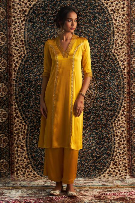 Charkhee Yellow Modal, Organza, Satin Gota Patti, Panel Embroidered Kurta Pant Set at Aza Fashions Charkhee_Yellow Modal, Organza, Satin Gota Patti, Panel Embroidered Kurta Pant Set _at_Aza_Fashions