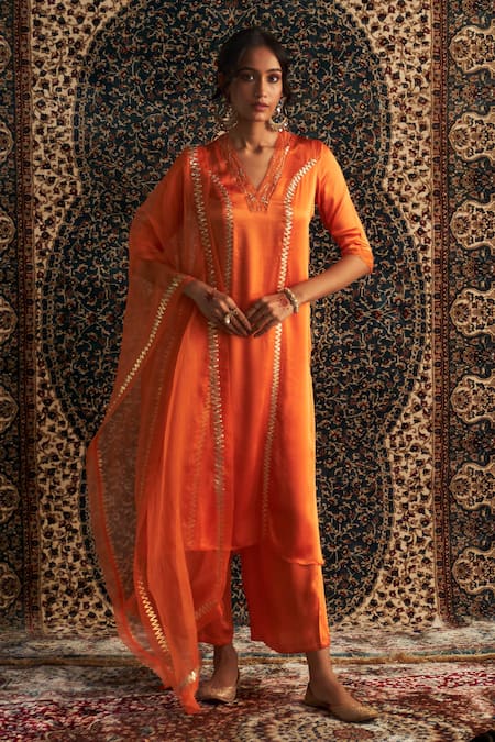 Charkhee Orange Kurta And Pant Modal Satin Embroidery Sequin V Gota Panel Straight Set 