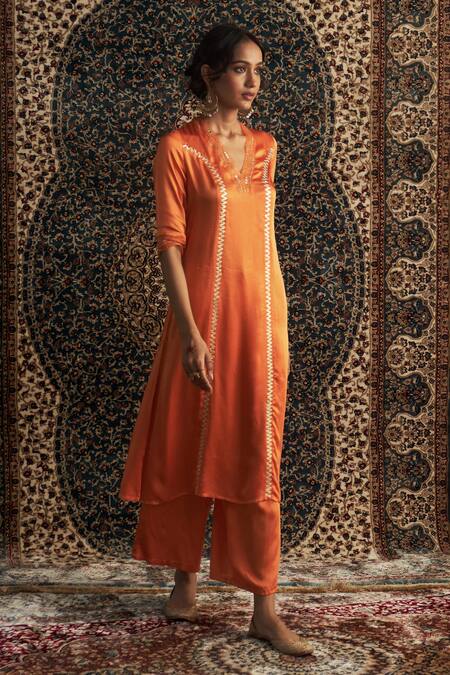 Charkhee Orange Modal, Satin, Organza Gota Panel Embroidered Straight Kurta Pant Set Online at Aza Fashions Charkhee_Orange Modal, Satin, Organza Gota Panel Embroidered Straight Kurta Pant Set _Online_at_Aza_Fashions