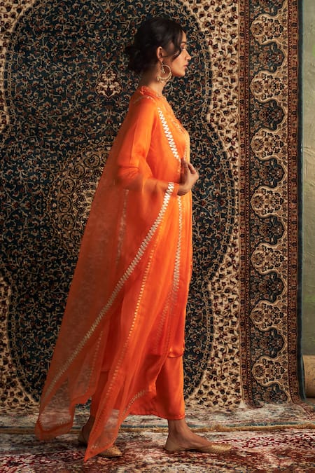 Buy Charkhee Orange Modal, Satin, Organza Gota Panel Embroidered Straight Kurta Pant Set Online at Aza Fashions Buy_Charkhee_Orange Modal, Satin, Organza Gota Panel Embroidered Straight Kurta Pant Set _Online_at_Aza_Fashions