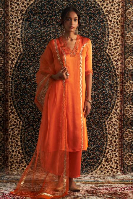 Shop Charkhee Orange Modal, Satin, Organza Gota Panel Embroidered Straight Kurta Pant Set Online at Aza Fashions Shop_Charkhee_Orange Modal, Satin, Organza Gota Panel Embroidered Straight Kurta Pant Set _Online_at_Aza_Fashions
