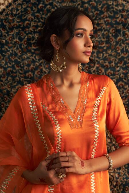 Charkhee Orange Modal, Satin, Organza Gota Panel Embroidered Straight Kurta Pant Set at Aza Fashions Charkhee_Orange Modal, Satin, Organza Gota Panel Embroidered Straight Kurta Pant Set _at_Aza_Fashions