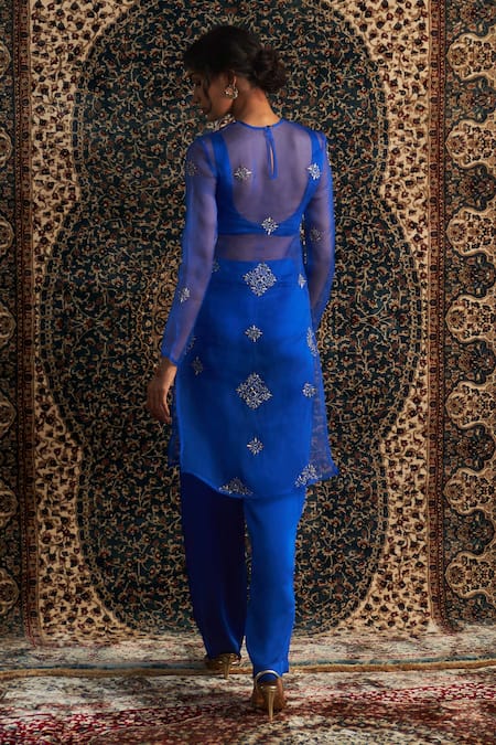 Shop Charkhee Blue Organza, Modal, Satin Zari, Diamond Butti Embroidered Sheer Kurta Pant Set at Aza Fashions Shop_Charkhee_Blue Organza, Modal, Satin Zari, Diamond Butti Embroidered Sheer Kurta Pant Set _at_Aza_Fashions