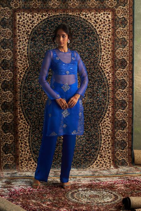 Charkhee Blue Organza, Modal, Satin Zari, Diamond Butti Embroidered Sheer Kurta Pant Set Online at Aza Fashions Charkhee_Blue Organza, Modal, Satin Zari, Diamond Butti Embroidered Sheer Kurta Pant Set _Online_at_Aza_Fashions