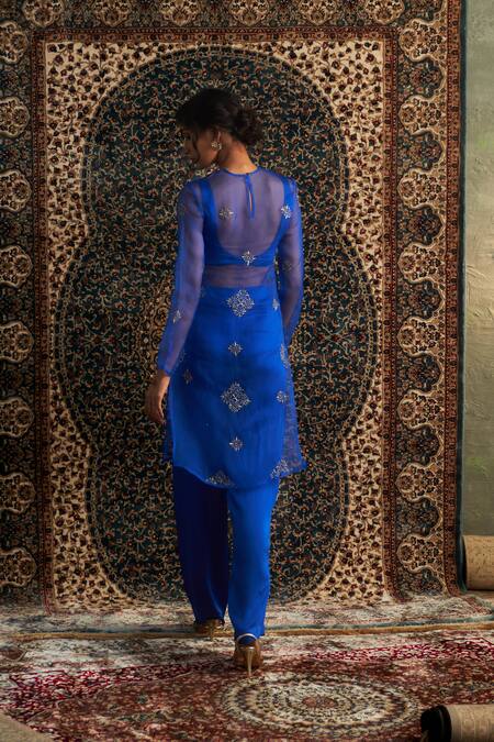 Shop Charkhee Blue Organza, Modal, Satin Zari, Diamond Butti Embroidered Sheer Kurta Pant Set Online at Aza Fashions Shop_Charkhee_Blue Organza, Modal, Satin Zari, Diamond Butti Embroidered Sheer Kurta Pant Set _Online_at_Aza_Fashions