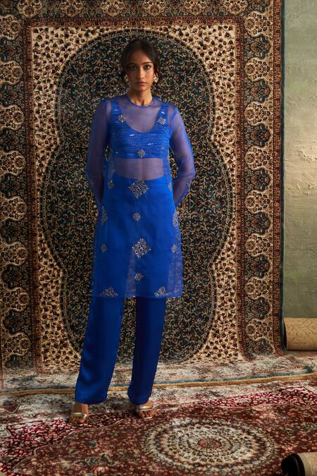 Charkhee Blue Organza, Modal, Satin Zari, Diamond Butti Embroidered Sheer Kurta Pant Set at Aza Fashions Charkhee_Blue Organza, Modal, Satin Zari, Diamond Butti Embroidered Sheer Kurta Pant Set _at_Aza_Fashions