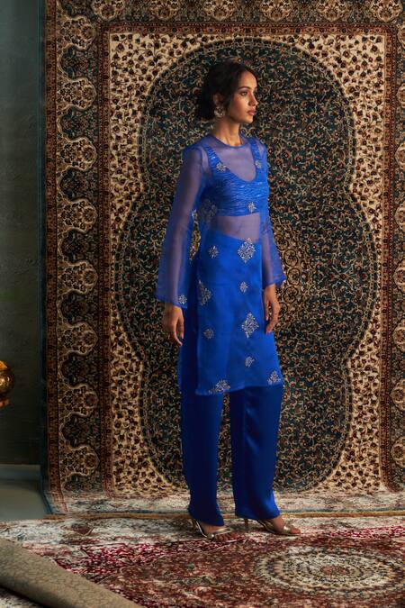 Shop Charkhee Blue Organza, Modal, Satin Zari, Diamond Butti Embroidered Sheer Kurta Pant Set Shop_Charkhee_Blue Organza, Modal, Satin Zari, Diamond Butti Embroidered Sheer Kurta Pant Set