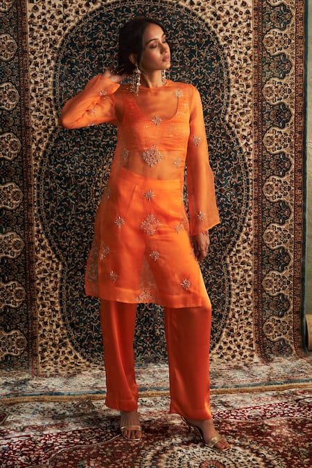 Charkhee Orange Bustier And Pant Modal Satin Embroidery Sheer Diamond Butti Kurta Set 