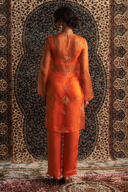 Shop Charkhee Orange Organza, Modal, Satin Sheer Diamond Butti Embroidered Kurta Pant Set at Aza Fashions Shop_Charkhee_Orange Organza, Modal, Satin Sheer Diamond Butti Embroidered Kurta Pant Set _at_Aza_Fashions