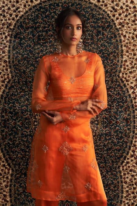 Charkhee Orange Organza, Modal, Satin Sheer Diamond Butti Embroidered Kurta Pant Set Online at Aza Fashions Charkhee_Orange Organza, Modal, Satin Sheer Diamond Butti Embroidered Kurta Pant Set _Online_at_Aza_Fashions