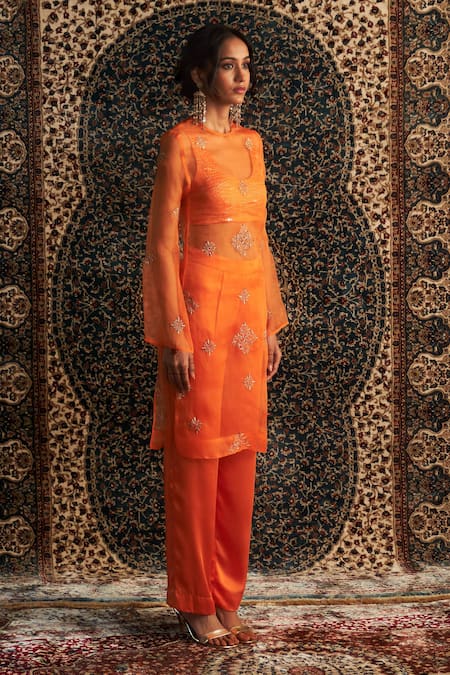 Buy Charkhee Orange Organza, Modal, Satin Sheer Diamond Butti Embroidered Kurta Pant Set Online at Aza Fashions Buy_Charkhee_Orange Organza, Modal, Satin Sheer Diamond Butti Embroidered Kurta Pant Set _Online_at_Aza_Fashions