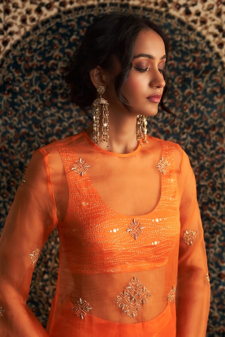 Shop Charkhee Orange Organza, Modal, Satin Sheer Diamond Butti Embroidered Kurta Pant Set Online at Aza Fashions Shop_Charkhee_Orange Organza, Modal, Satin Sheer Diamond Butti Embroidered Kurta Pant Set _Online_at_Aza_Fashions